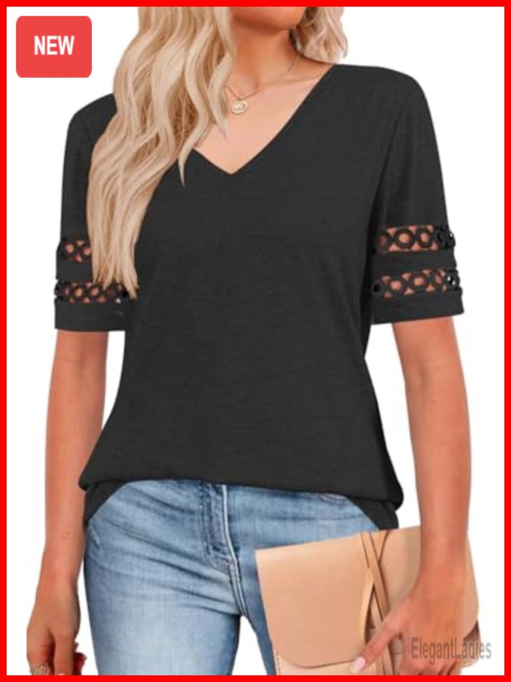 Womens V Neck Short Sleeve Top Lace Sleeve Detail Loose Fit Casual Tee